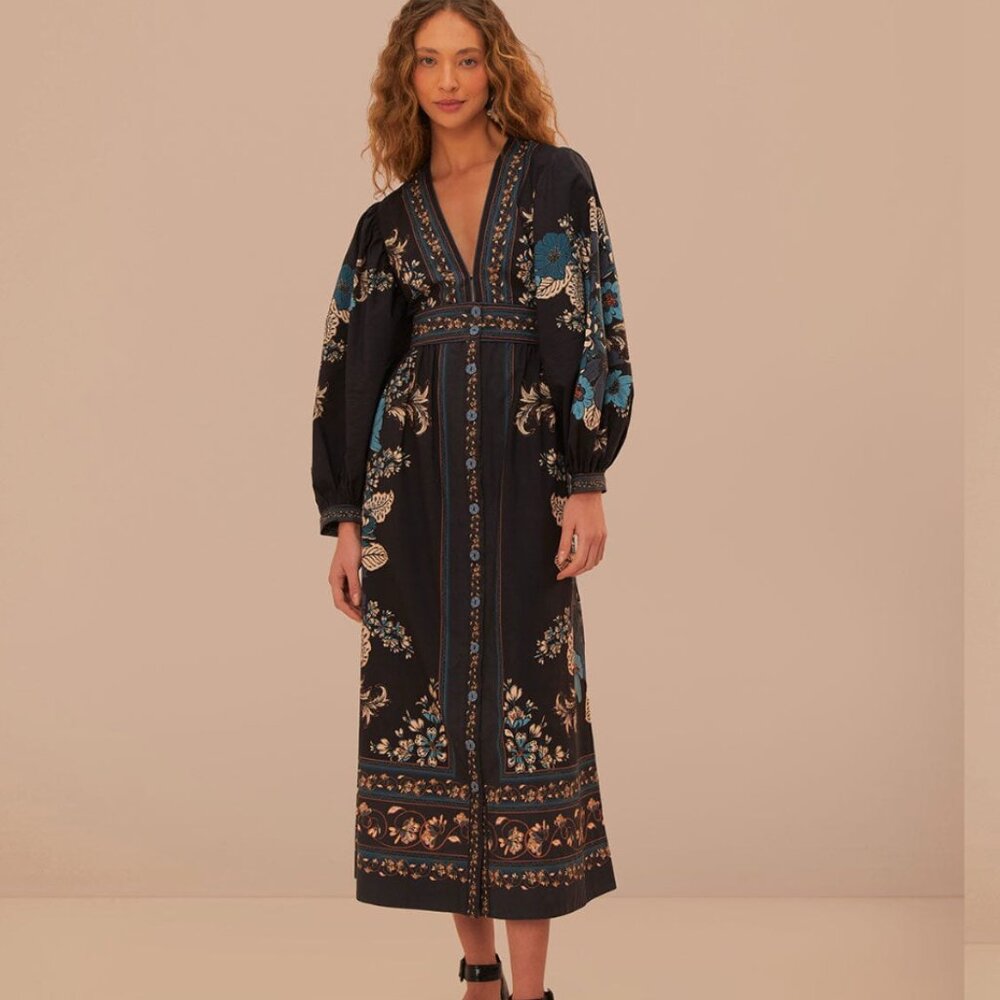FARM RIO blossom tapestry black midi dress